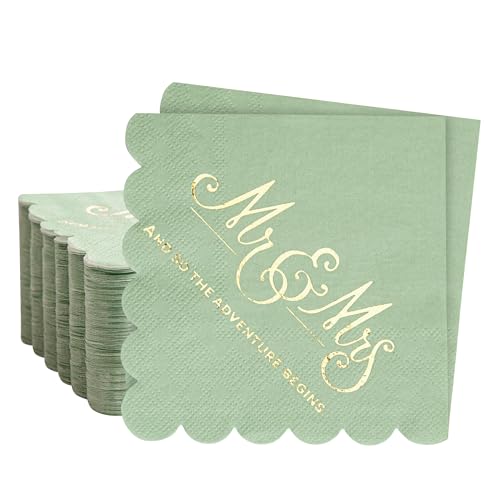 REFARICO Adventure-Green Scalloped Wedding Napkins 100 Pcs Gold Foil Mr and Mrs