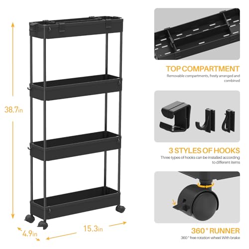 Slim Storage Cart 4-Tier Rolling Utility Organizer for Narrow Spaces, Black