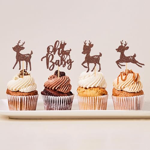 Ercadio 36Pcs Cute Sika Deer Cupcake Toppers Pattern-1 for Woodland Christmas Baby Shower