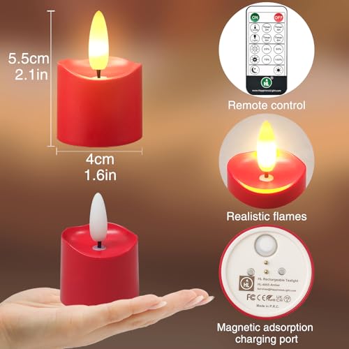 HL Rechargeable Waterproof 3D Red Tea Lights - 12pcs Bright LED Flameless Candles with Remote