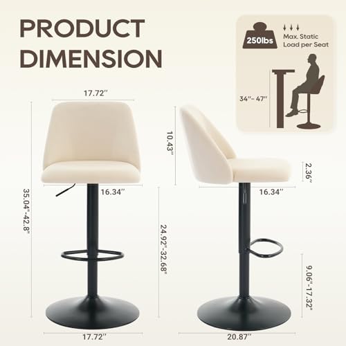 Modern Swivel Bar Stools, Adjustable Height Upholstered Chairs - Set of 2