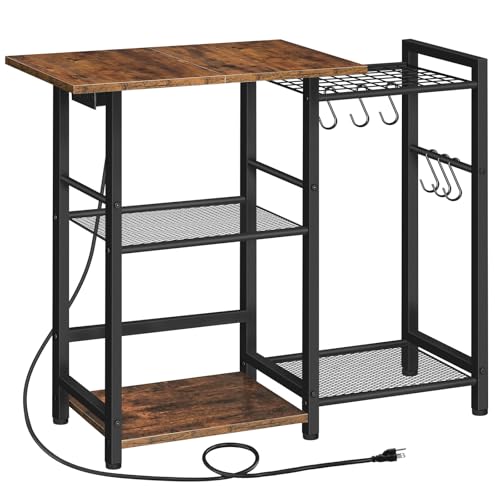 Bakers Rack with Power Outlet, Microwave Stand and Coffee Bar with 6 Hooks