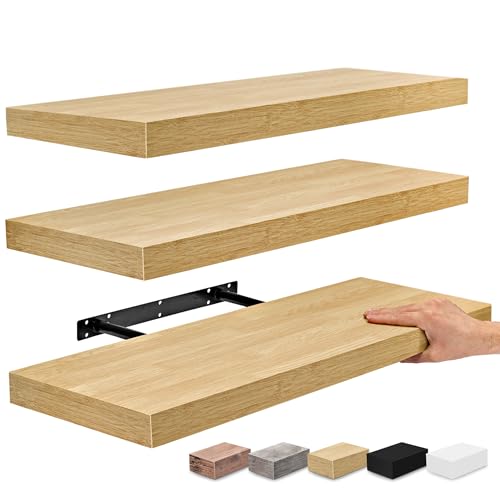 24-Inch Floating Wall Shelves - Set of 3 Maple Wood Display Shelves