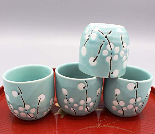 White Flower on Blue Japanese Ceramic Sake Set 5 Piece Tokkuri & Ochoko Cups