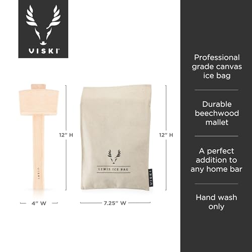 Viski Professional Lewis Ice Bag and Mallet - Manual Ice Crusher for Home Bartending, 12"