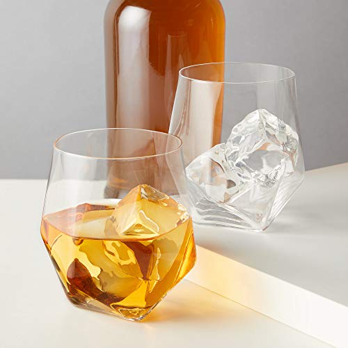Faceted Viski Seneca Crystal Tumblers Set of 2, 11 oz Lowball Glasses for Whiskey & Cocktails