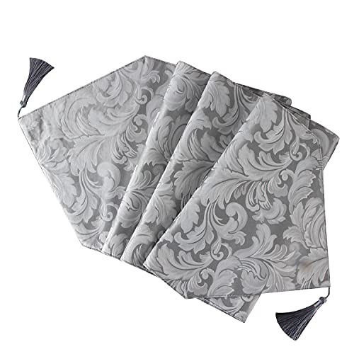 EHouseHome Silver Grey Reversible Jacquard Damask Table Runner with Tassels 13x72in - Water & Wrinkle Resistant