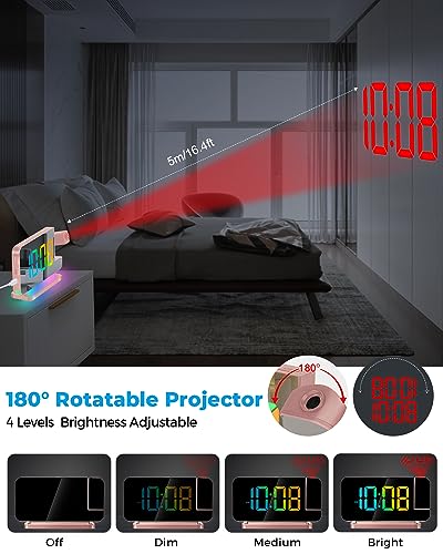 Projection Alarm Clock with RGB LED Mirror Display and USB-C Charging Port