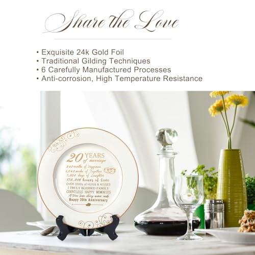 20th Anniversary Ceramic Plate with 24k Gold Foil Decoration, 9-Inch