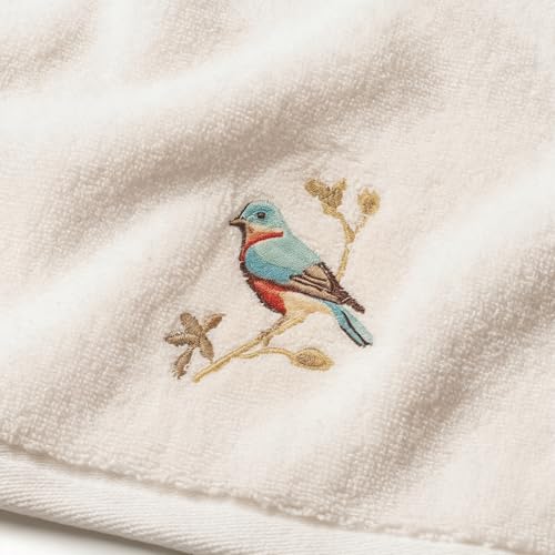 Embroidered Songbird Fingertip Towels, 100% Cotton Velour Set of 2