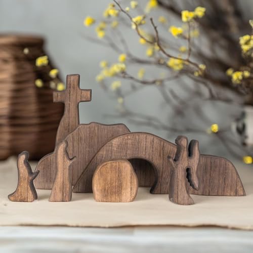 Wooden Easter Resurrection Scene, 7-Piece Empty Tomb & Cross Tabletop Decor