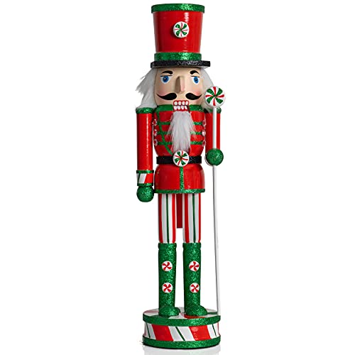 15-Inch Wooden Peppermint Nutcracker Figurine Christmas Candy Soldier Decor