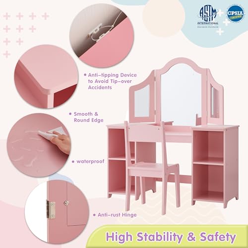 Kids Vanity Set with Tri-Fold Mirror & Storage - Princess Makeup Desk for Girls 3-9, Pink with Chair