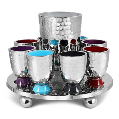 Hammered Metal Kiddush Wine Fountain Set with 8 Cups for Shabbat & Holidays