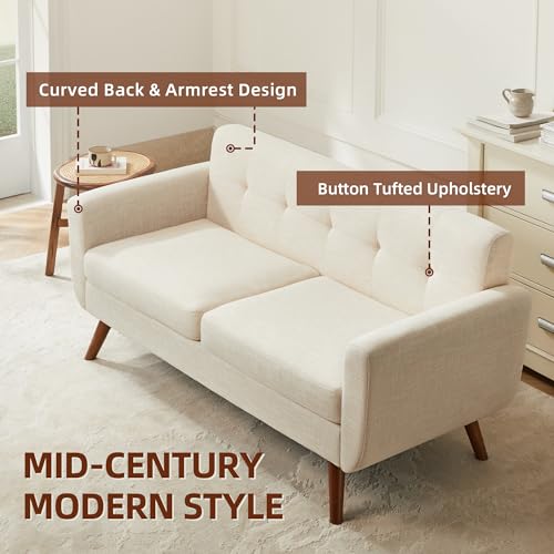 65-Inch Mid-Century Modern Loveseat Sofa, Upholstered Small Couch, Beige