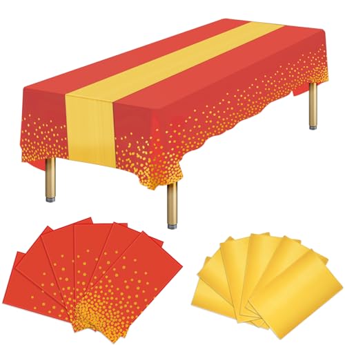 Red and Gold Disposable Tablecloth & Satin Table Runner Set - 12 Pack