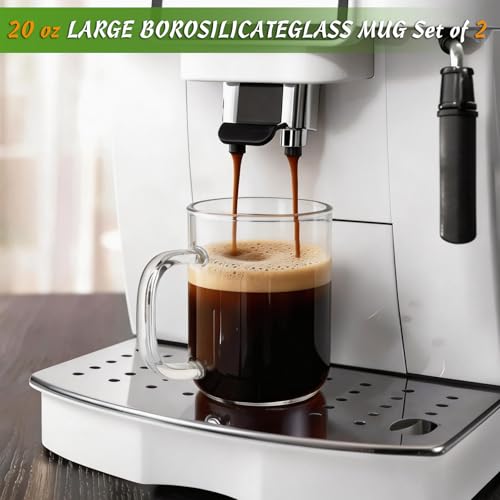 DRASTAR 20 oz Glass Coffee Mug Set with Acacia Wood Lids – Large Handle Tea & Latte Cups, Pack of 2
