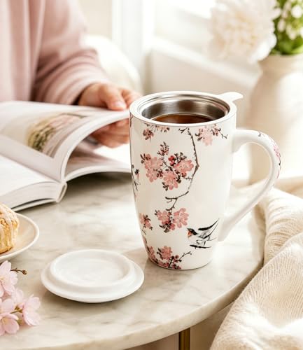 AmorArc Peach Blossom 18oz Ceramic Tea Mug with Infuser & Lid, Loose Leaf Steeper