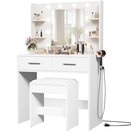 Makeup Vanity Desk with Lighted Mirror, Charging Station, and Bench, White