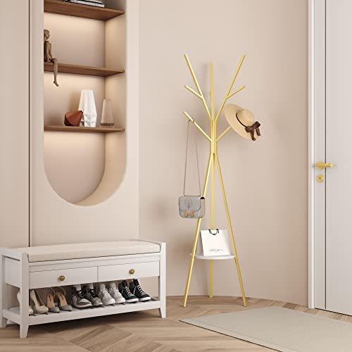 Modern Gold Metal Coat Rack with 9 Hooks and Storage Shelf, 71-Inch Hall Tree