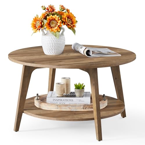 Round 2-Tier Coffee Table with Storage, Mid-Century Modern Center Table