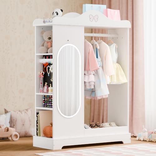 Kids Armoire with Mirror and Jewelry Cabinet, White Dress-Up Wardrobe