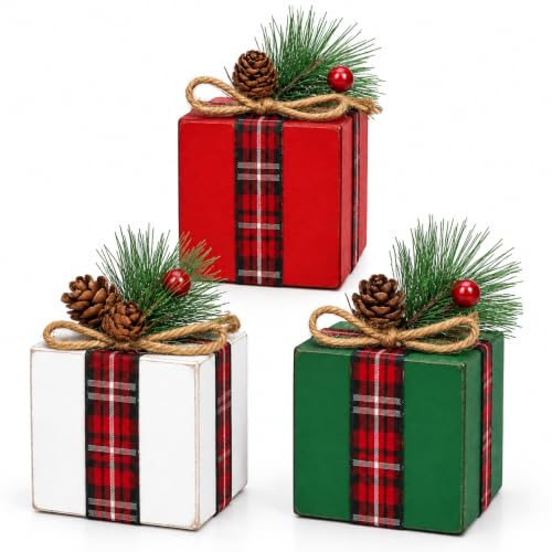 Christmas Wooden Gift Box Decor Set of 3 Holiday Tiered Tray Decorations
