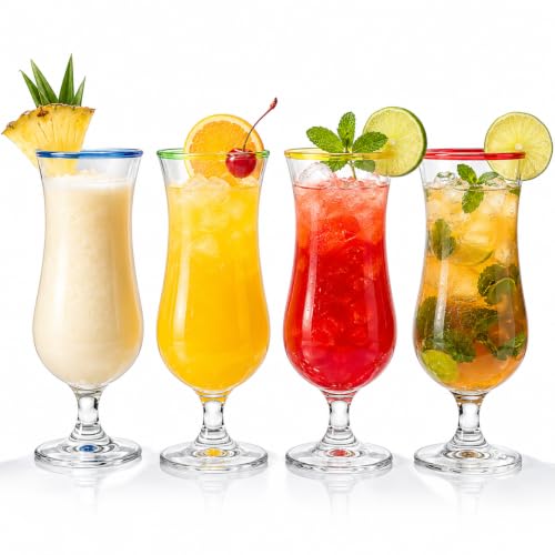 Pina Colada Hurricane Glasses Set - 4 Large 17oz Tropical Cocktail Cups with Tulip Shape - Bar & Home Drinkware - The Wine Savant