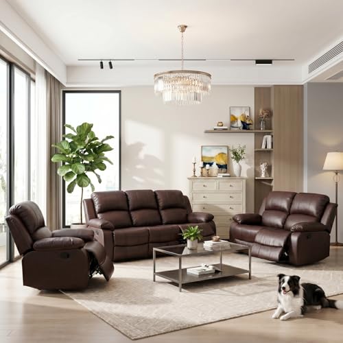 BrisaNube Brown 3-Piece Reclining Leather Sofa Set with 1 Seat, Loveseat & 3-Seat Couch