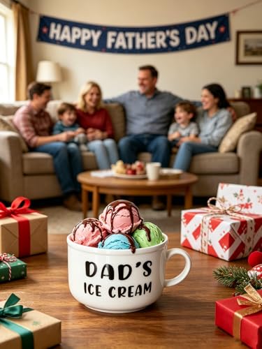 Dad Ice Cream Bowl Set with Engraved Spoon – Ceramic Bowl & Stainless Steel Ice Cream Shovel Gift