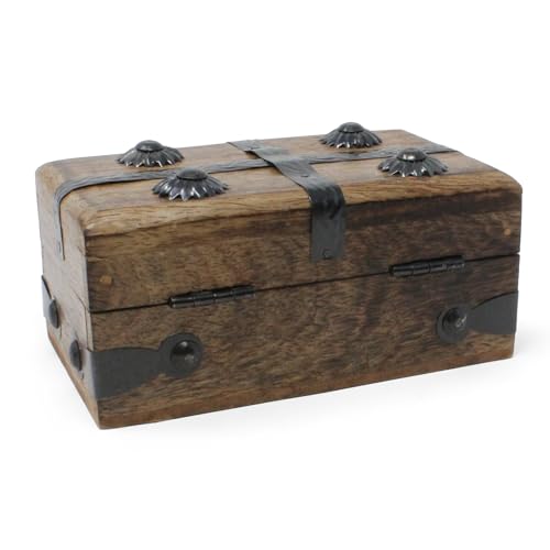 Small Wooden Treasure Chest Box with Antique Iron Lock and Skeleton Key