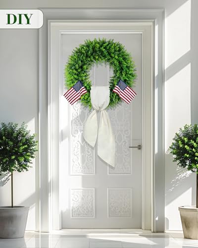 20-Inch Artificial Boxwood Wreath for Front Door with Hello Sign