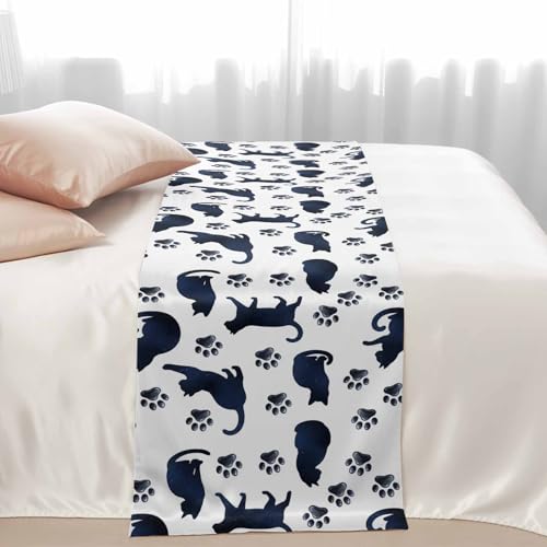 Navy Blue Cat Paw Bed Runner Scarf for Full Size Bed Foot (83"x20")