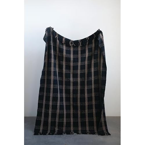 Plaid Black & Tan Fringed Woven Cotton Blend Throw