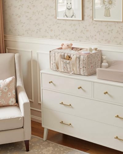 Floral Diaper Caddy Organizer Quilted Nursery Storage Basket Beige