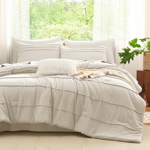 King Size 7-Piece Comforter Set in Beige with Pinch Pleat Design