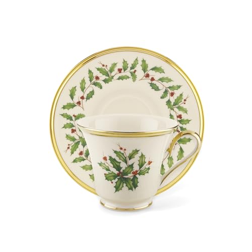 Lenox Holiday Tea Saucer - Christmas Holly & Berry Porcelain with Gold Trim