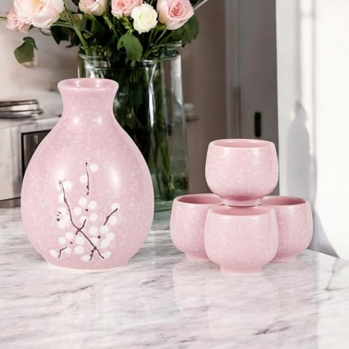 Hinomaru Collection Pink Plum Blossom Japanese Sake Set with 9oz Bottle & 4 Cups