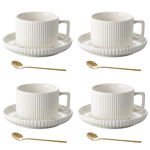 AYUCIA White Cream 8oz Cappuccino Cups Set of 4 with Saucers & Spoons