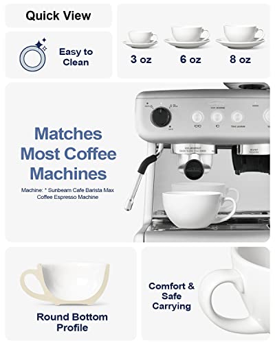 LE TAUCI White 6 oz Cappuccino Cups with Saucers Set of 4 - Ceramic Coffee Mug for Latte & Mocha