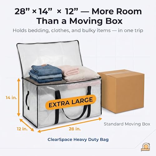 Heavy Duty Moving Bags with Backpack Straps and Zippers 6-Pack Clear