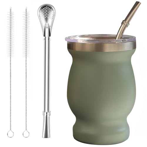 Beruth Green Yerba Mate Gourd Set with 8oz Double Walled Stainless Steel Cup, Multifunctional Lid, 2 Straws & Cleaning Brushes
