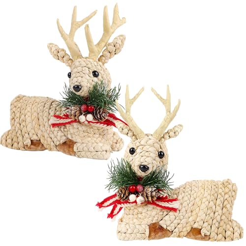 Lulu Home Set of 2 Rustic Straw Reindeer Christmas Tabletop Decor - Natural Straw