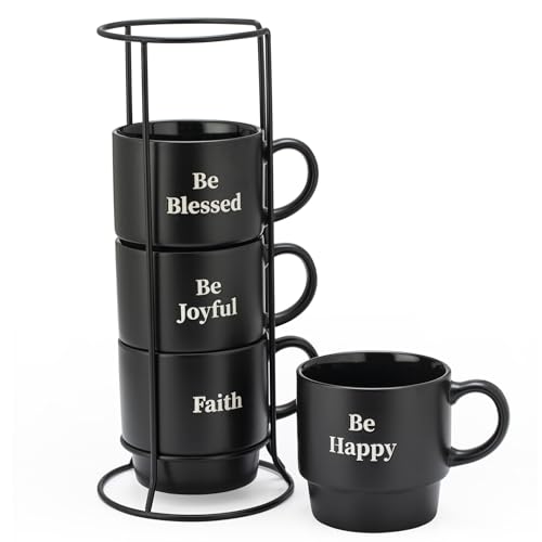 Be Happy Matte Black Stackable Coffee Mug Set with Metal Rack - 15oz, Large, Inspirational Messages