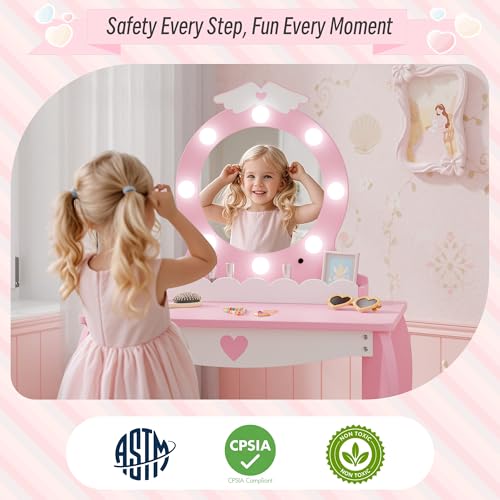 Kids Vanity Set with Lighted Mirror and Stool, Pink Princess Makeup Table