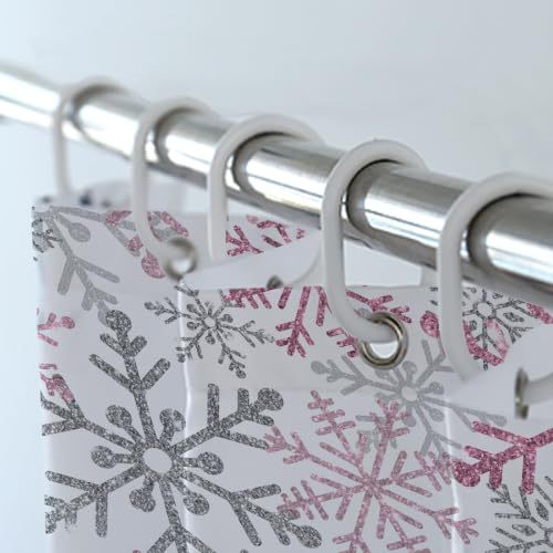 Yilinata Snowflake Pink Shower Curtain Set 4 Pcs Christmas Bathroom Decor