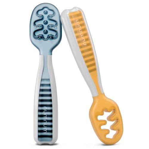NumNum Baby Spoons Self Feeding 6 Months, 2-Pack Blue/Orange