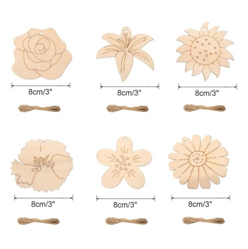 Flower Variation Wooden Ornaments Set - 60 Unfinished Natural Wood Discs with Jute Rope for Christmas & DIY Crafts