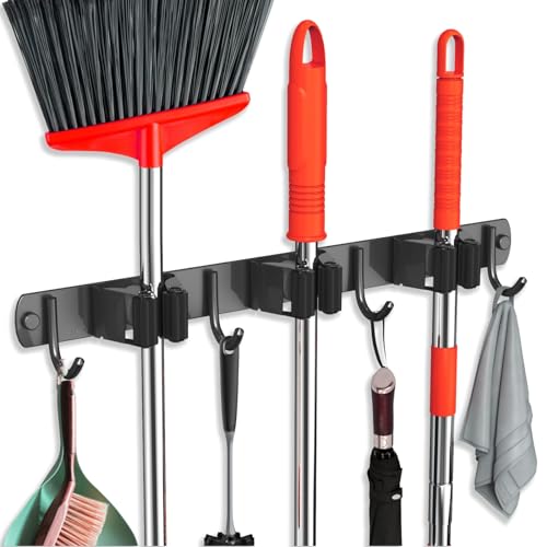 Stainless Steel Mop and Broom Holder Wall Mount with 3 Racks and 4 Hooks