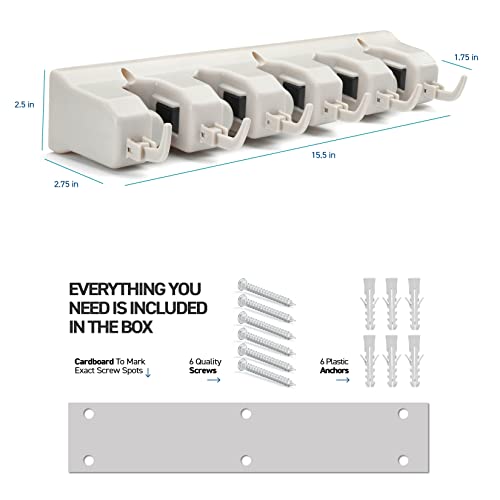 Broom and Mop Holder Wall Mount Garage Organizer with 5 Slots and 6 Hooks